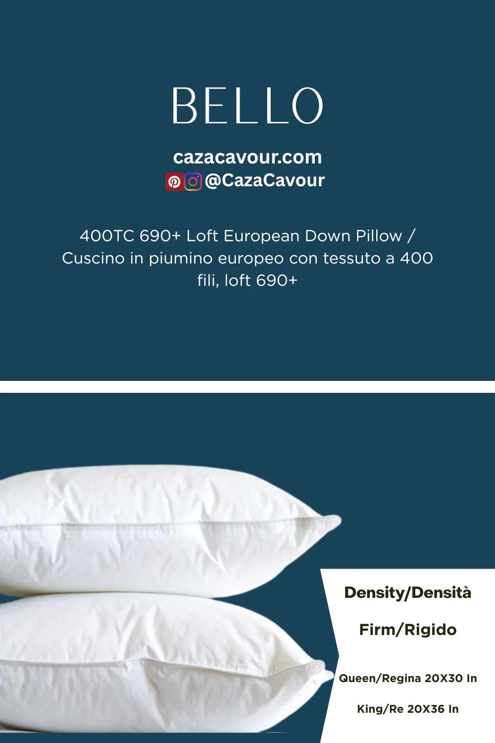 Two white European down pillows with 400 thread count fabric, shown side by side on a blue background, labeled as firm density.