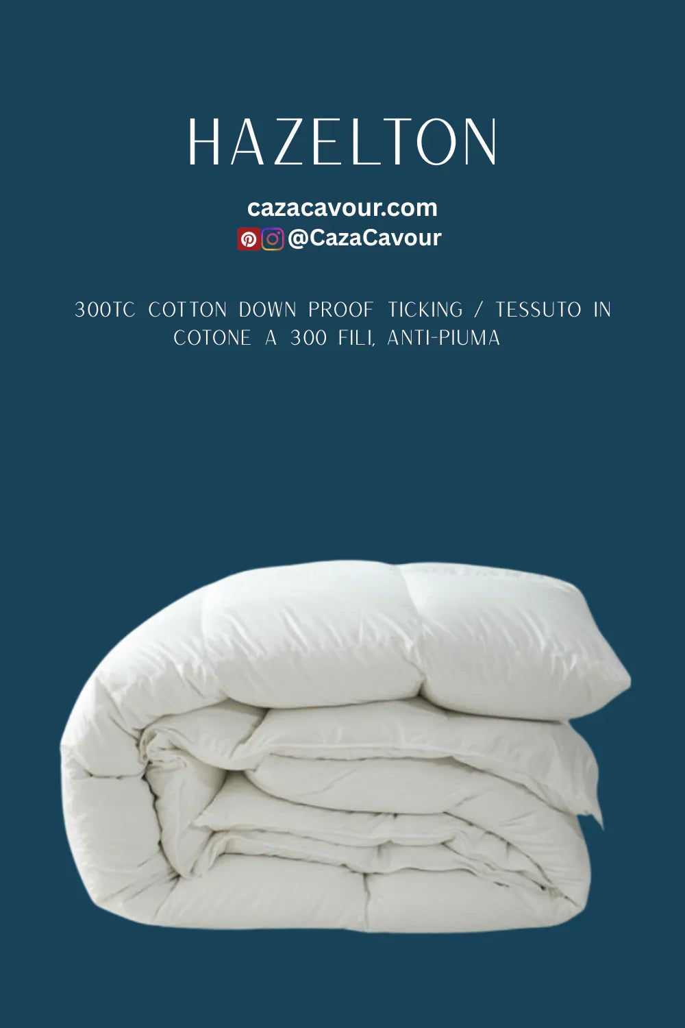 Folded white down comforter with 300 thread count cotton cover on a blue background