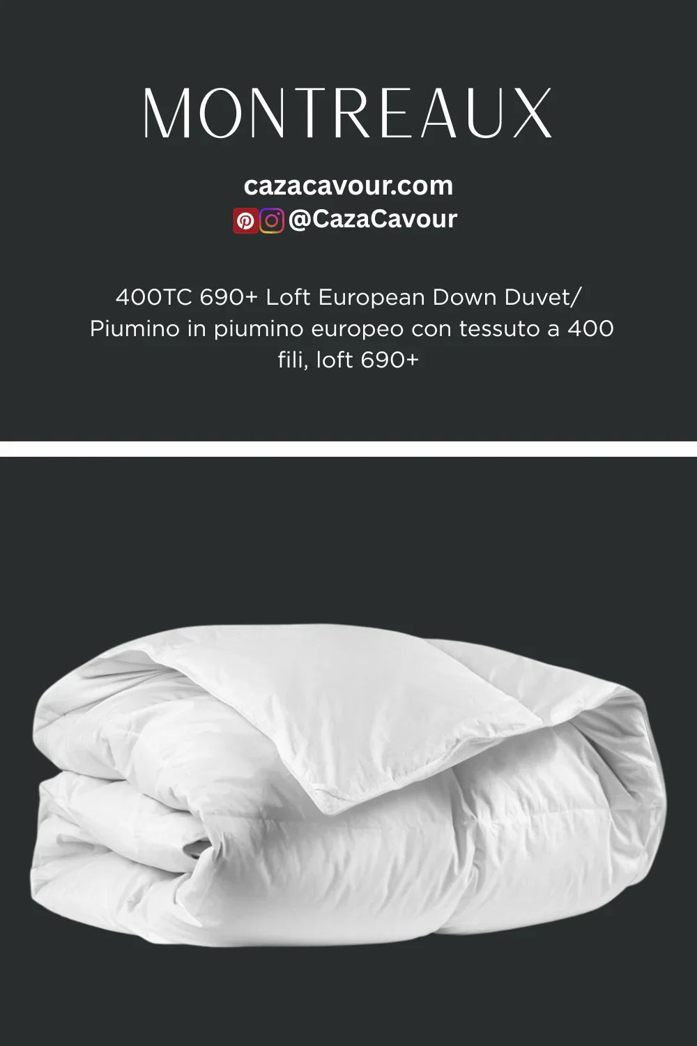 White European down duvet with 690+ loft and 400 thread count fabric on dark background