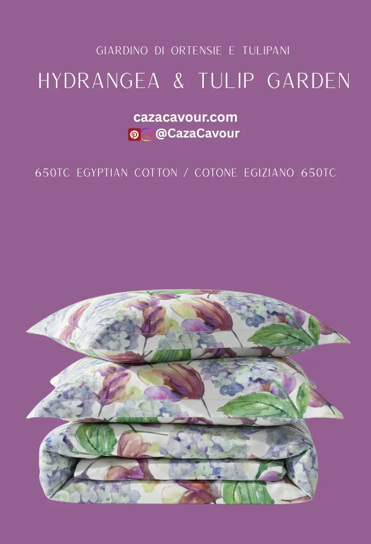 Floral hydrangea and tulip print bedding set with pillowcases, 650TC Egyptian cotton