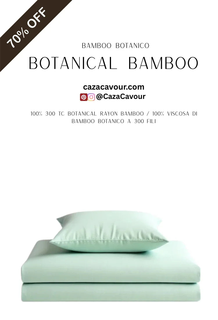 Light green bamboo bedding set with pillow, folded sheets, and 70% off sale banner.