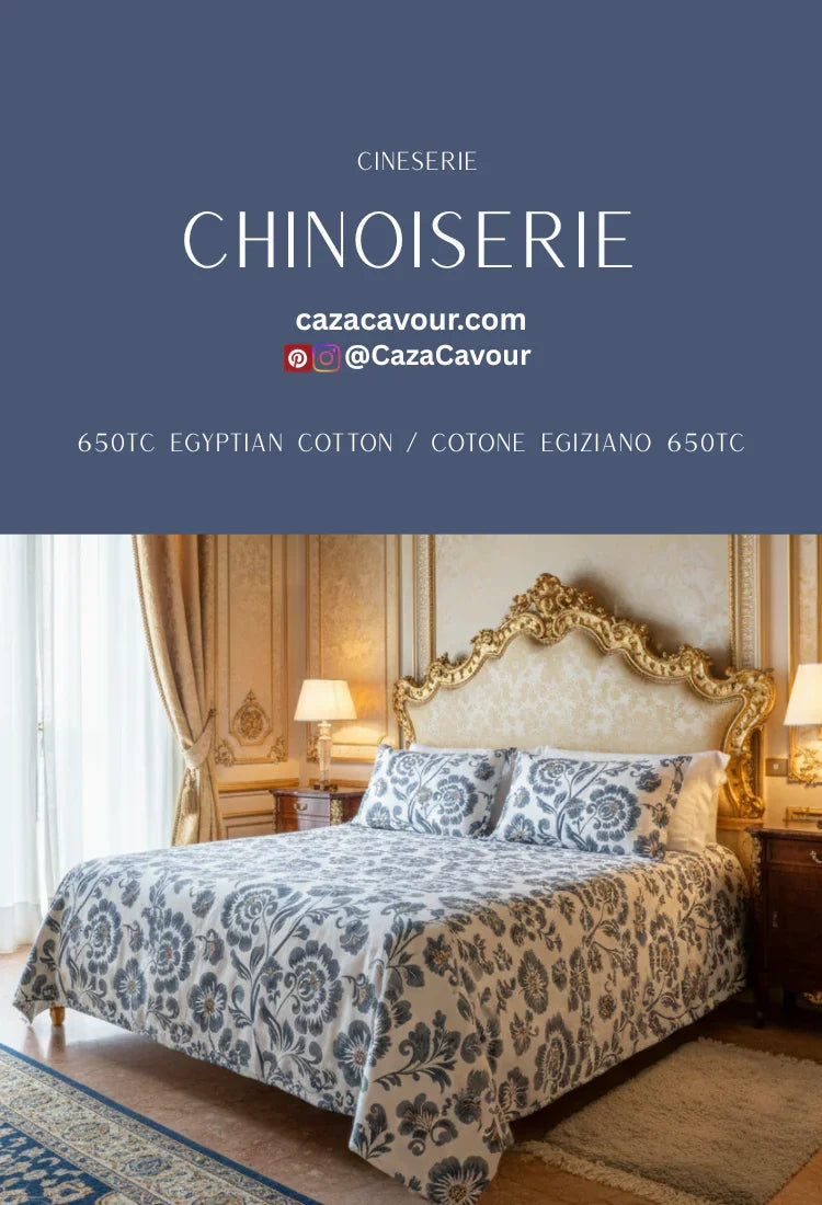 Elegant bedroom with ornate gold headboard and floral 650TC Egyptian cotton bedding