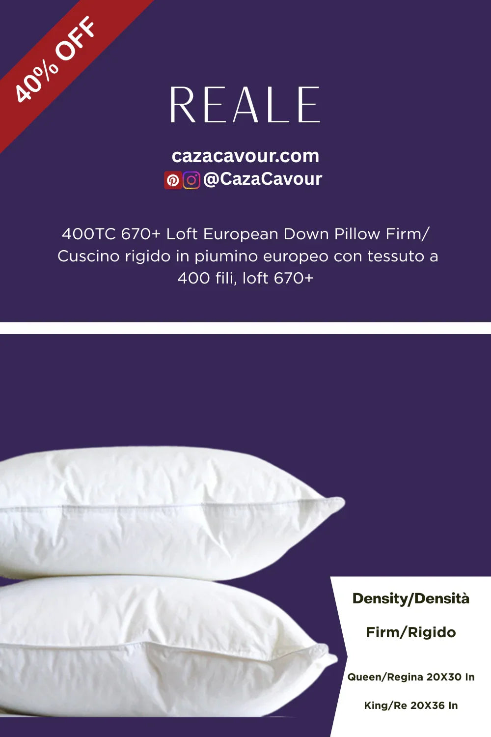 Firm loft European down pillows with white covers, 40% off sale, 400TC 670+ loft