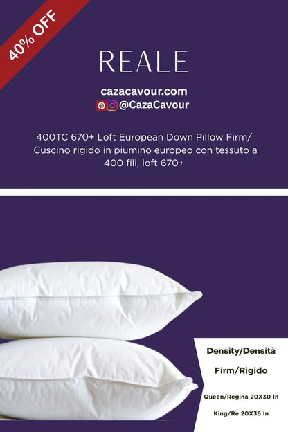 Firm loft European down pillows with white covers, 40% off sale, 400TC 670+ loft