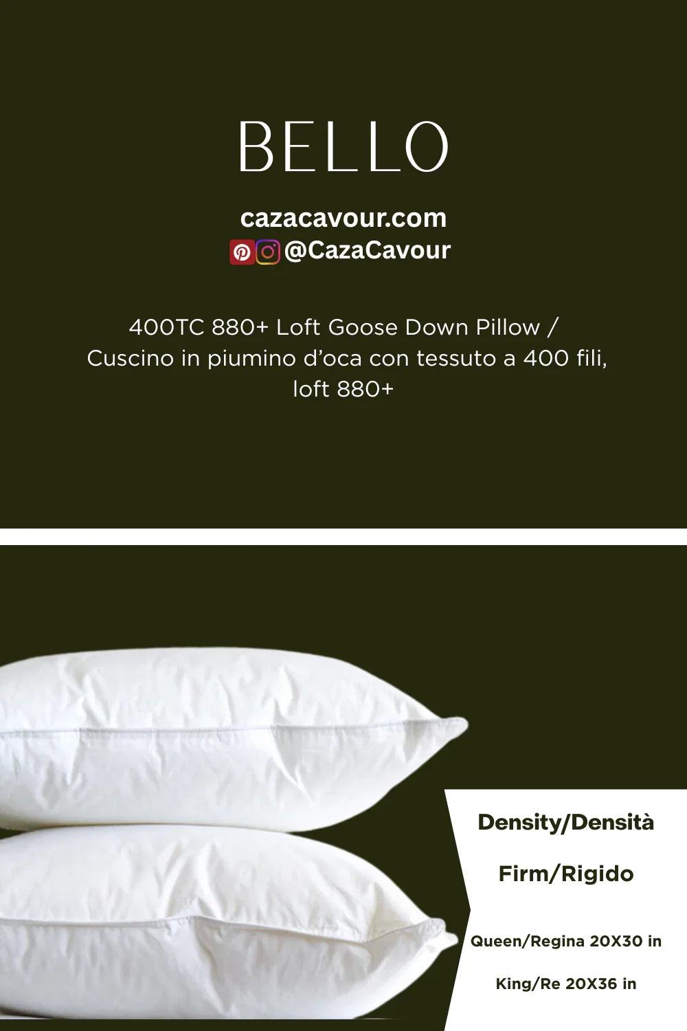 Firm goose down pillows with white 400 thread count cover, queen and king sizes shown