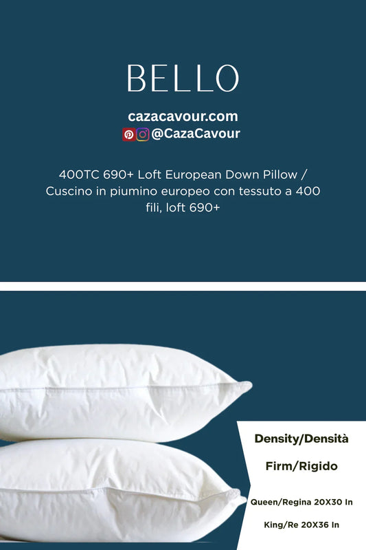 Two white European down pillows with 400 thread count fabric, shown side by side on a blue background, labeled as firm density.