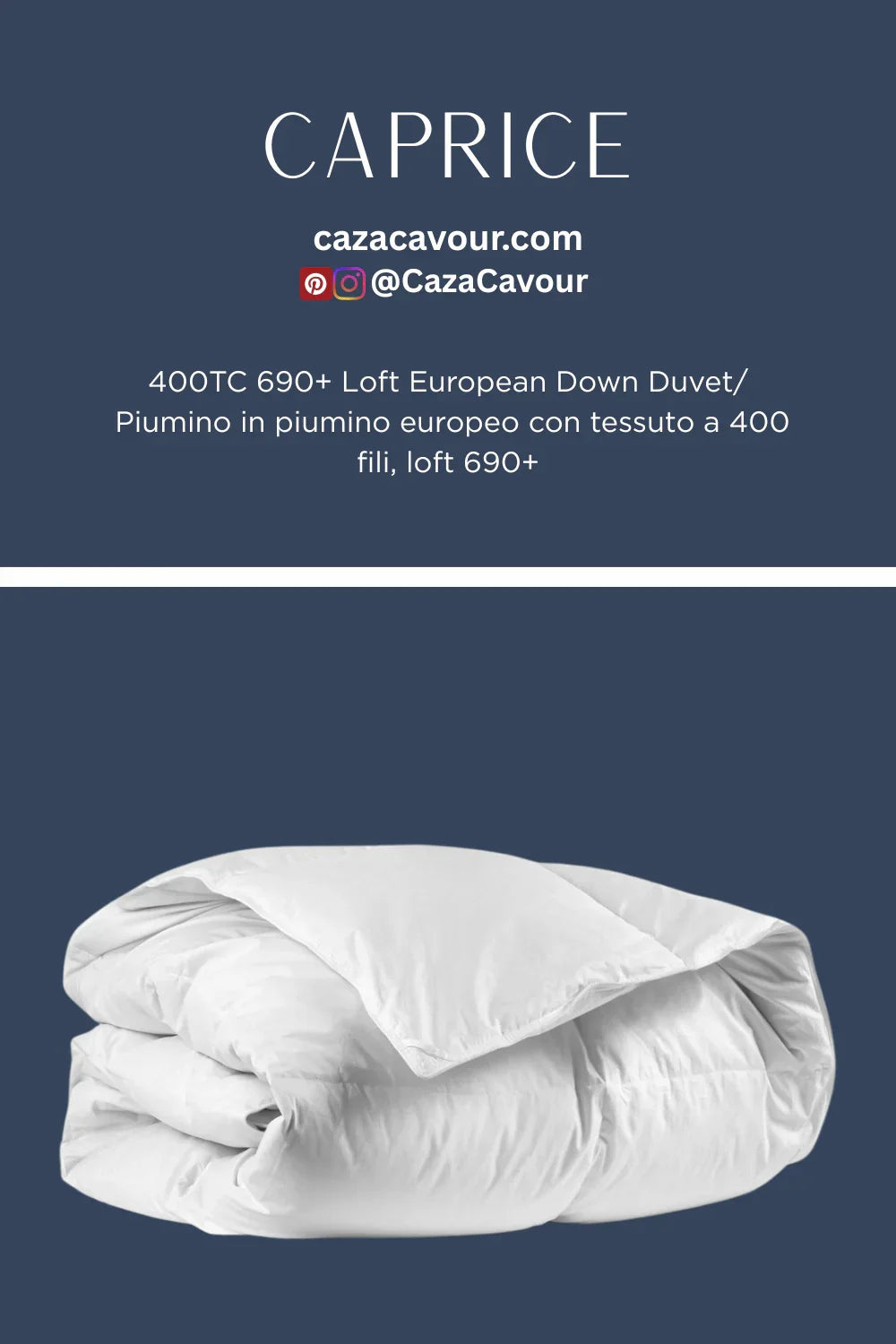 Folded white European down duvet with high loft and 400 thread count fabric on blue background