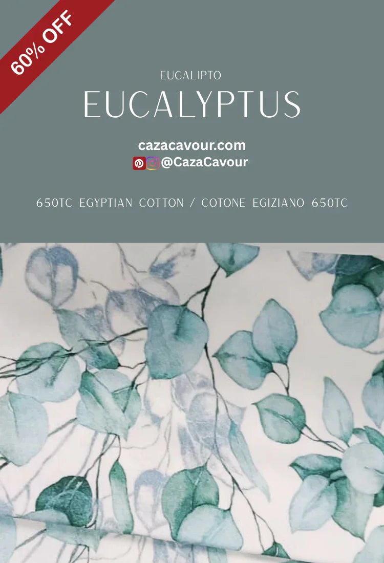 Eucalyptus print 650TC Egyptian cotton bedding with green leaf pattern, 60% off sale