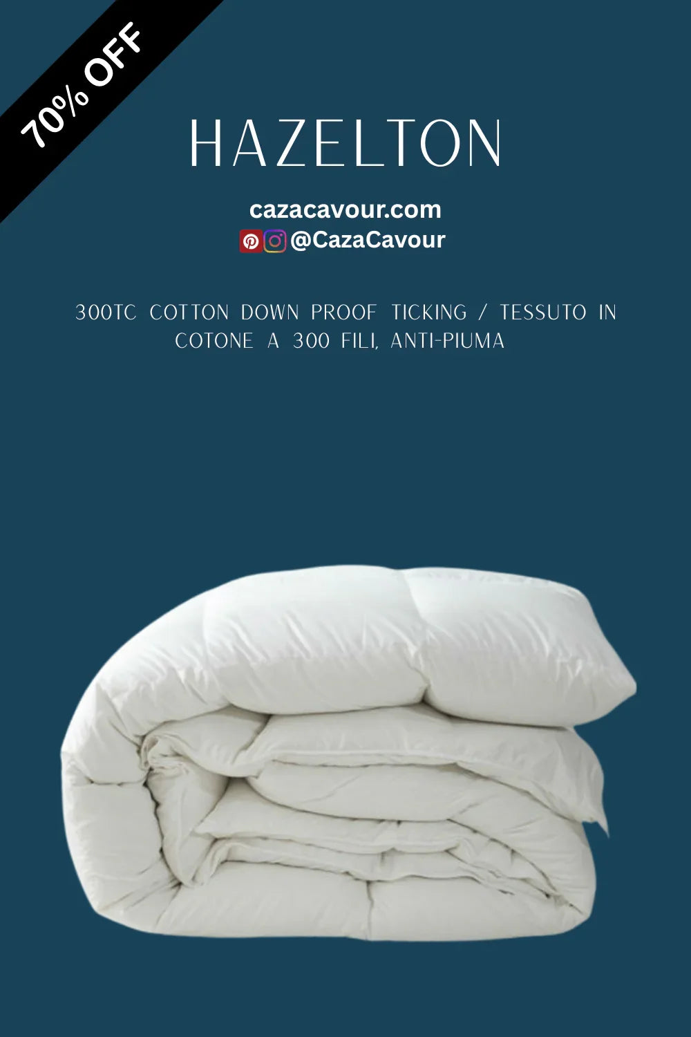 White down alternative comforter with 300 thread count cotton, folded on blue background, 70% off