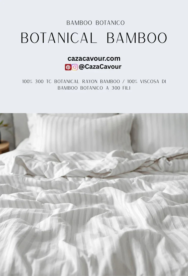 Striped botanical bamboo bed sheets and pillows in a bright, modern bedroom setting.
