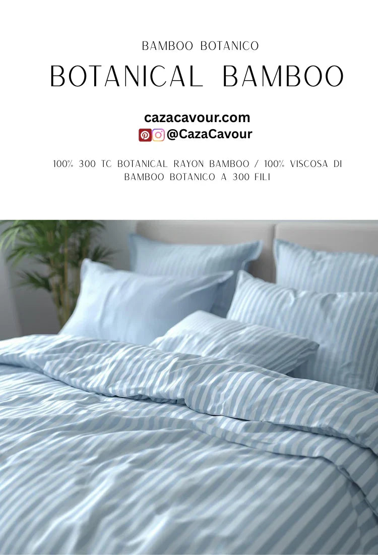 Light blue striped bamboo bedding set with multiple pillows on a modern bed