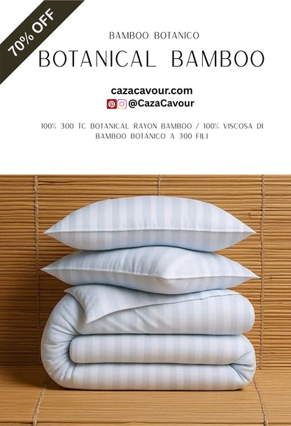 Striped botanical bamboo bedding set with pillows and comforter on bamboo mat, 70% off sale