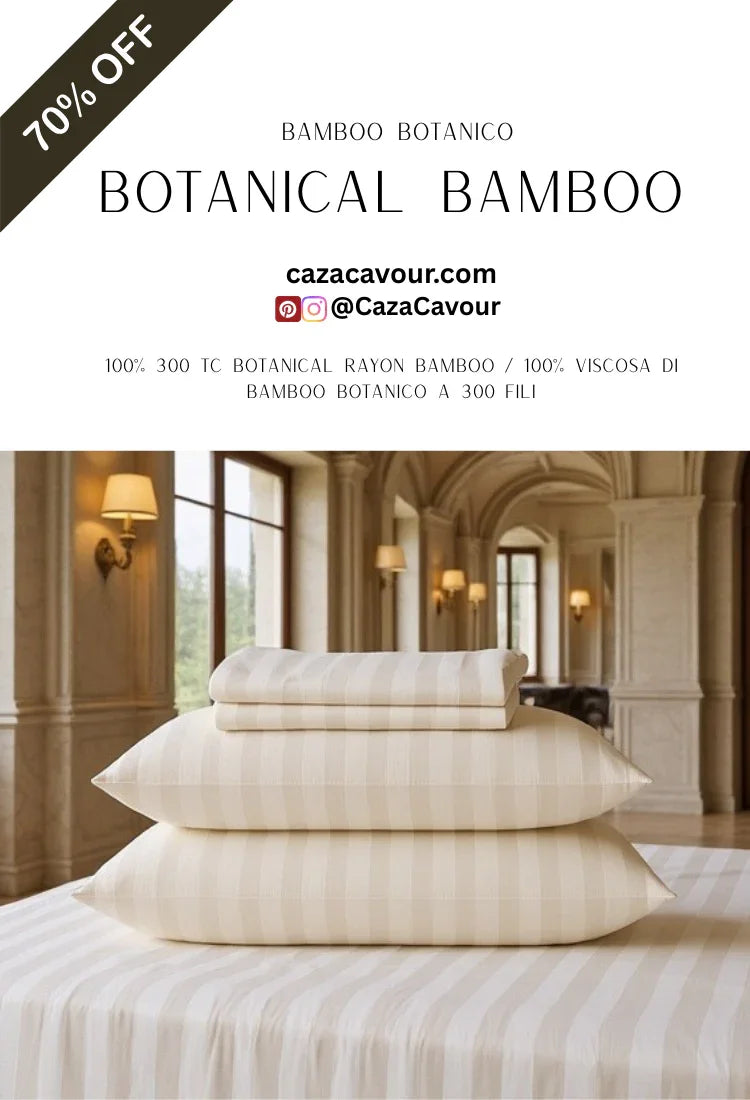 Luxury botanical bamboo bedding set with striped cream sheets and pillows in elegant bedroom