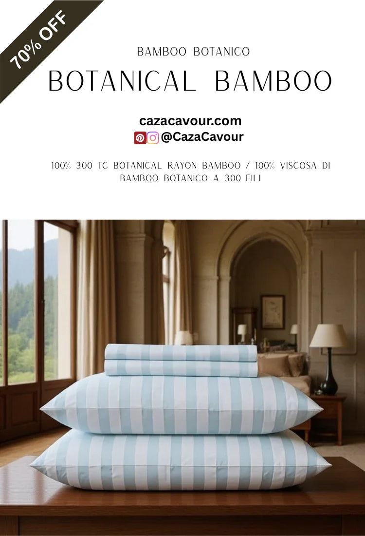 Light blue and white striped bamboo bedding set with pillows in an elegant bedroom