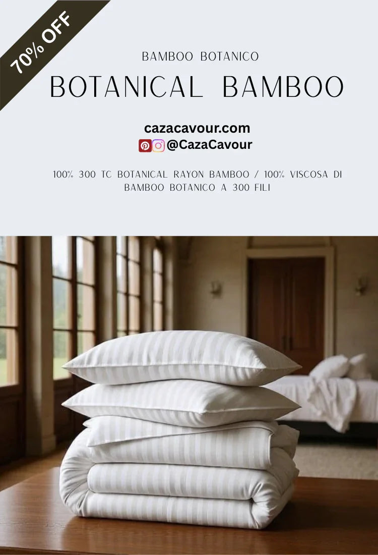 Stacked striped bamboo bedding and pillows on table in elegant bedroom, 70% off sale