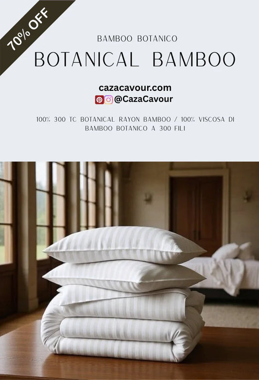 Stacked striped bamboo bedding and pillows on table in elegant bedroom, 70% off sale