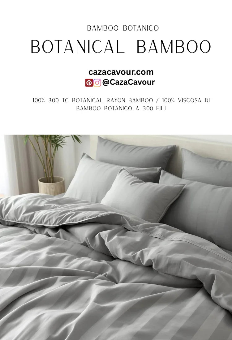 Luxurious grey botanical bamboo bedding set with pillows and comforter in a modern bedroom