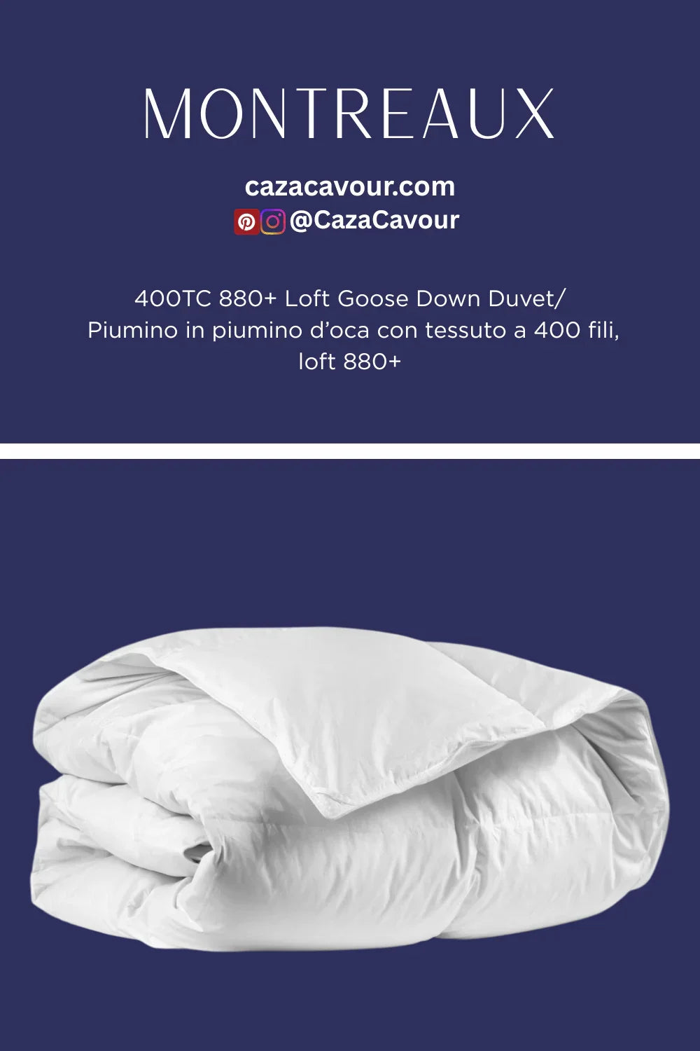 Folded white goose down duvet with 400 thread count cotton on blue background