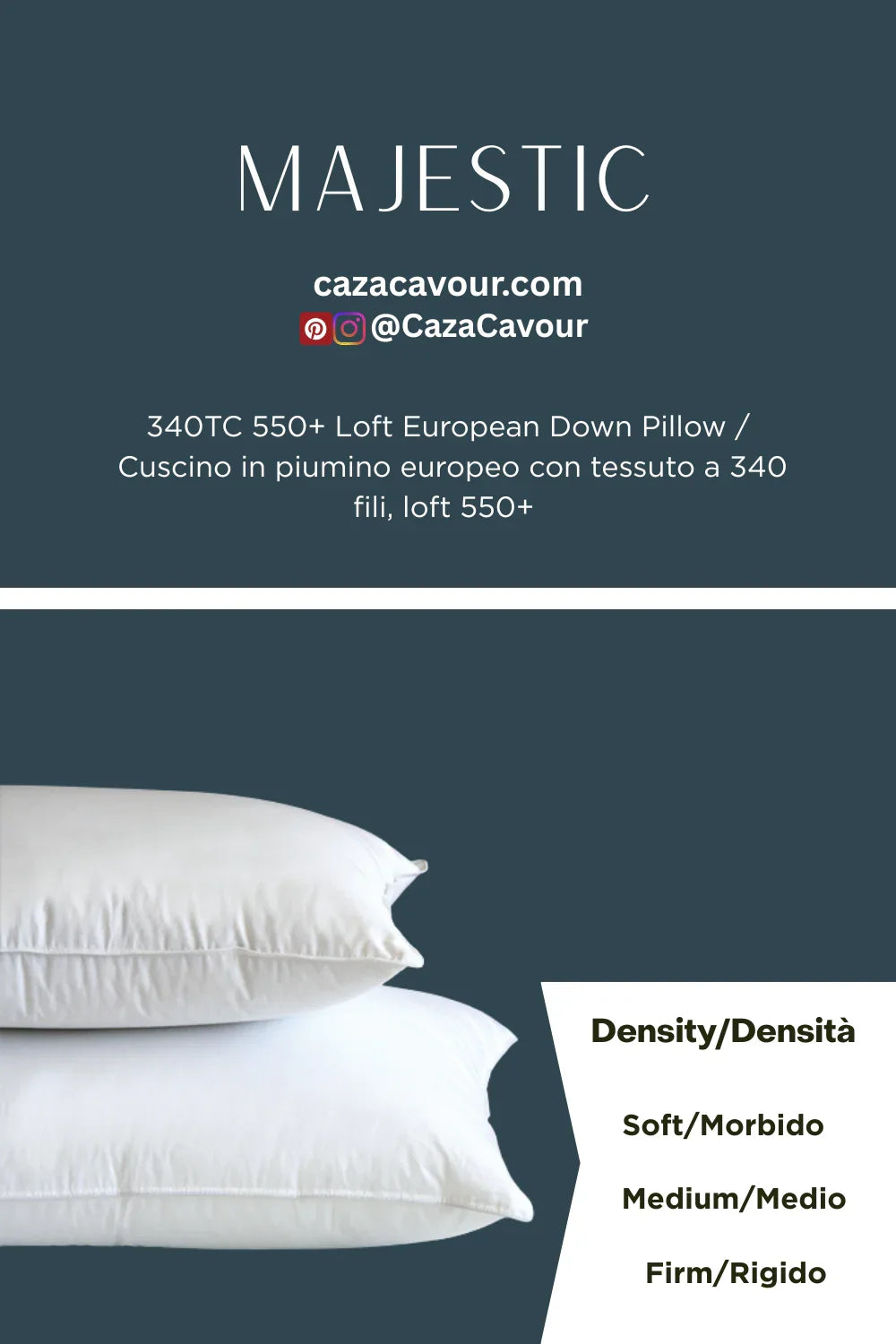 Stacked white European down pillows with density options: soft, medium, and firm.