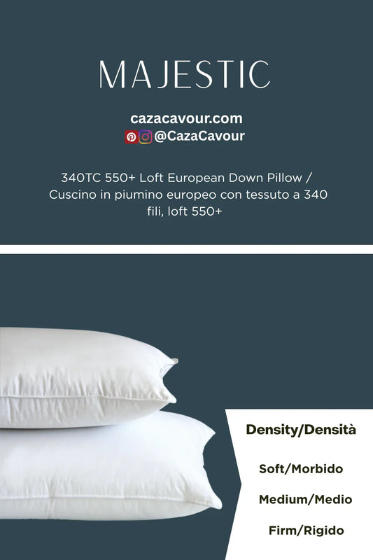 Stacked white European down pillows with density options: soft, medium, and firm.