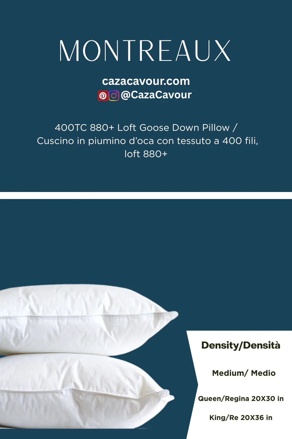 Two stacked white goose down pillows, 400 thread count, shown on a blue background.
