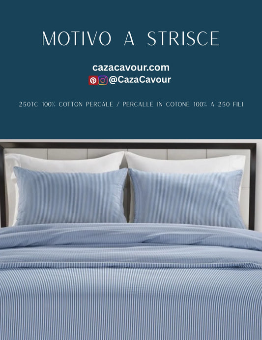 Blue and white striped cotton percale bedding set with matching pillowcases on a modern bed