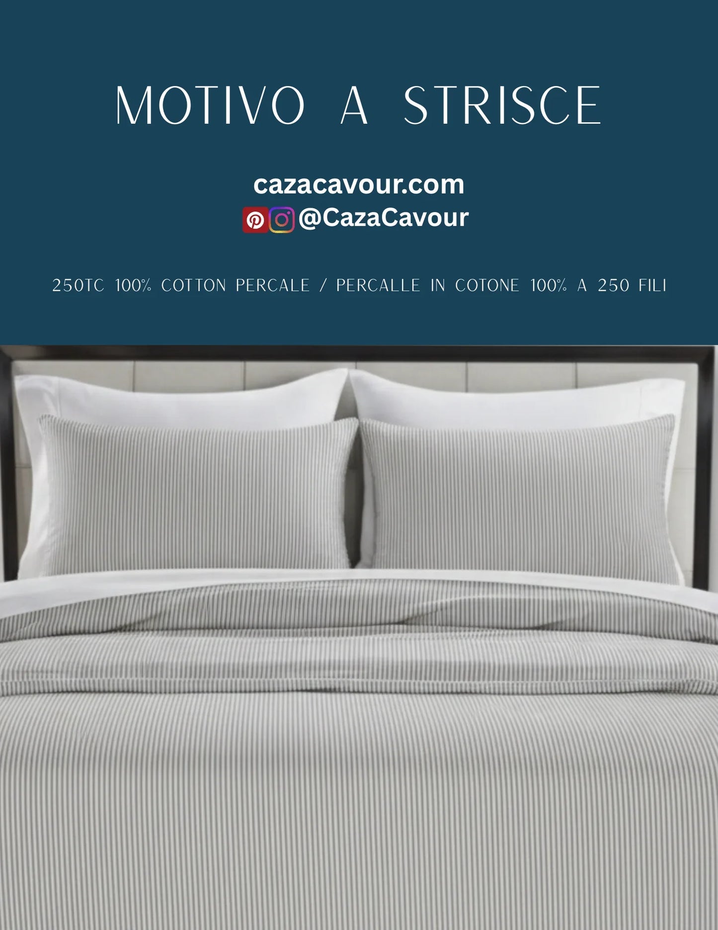 Striped cotton percale bedding set with two pillows and a comforter on a modern bed