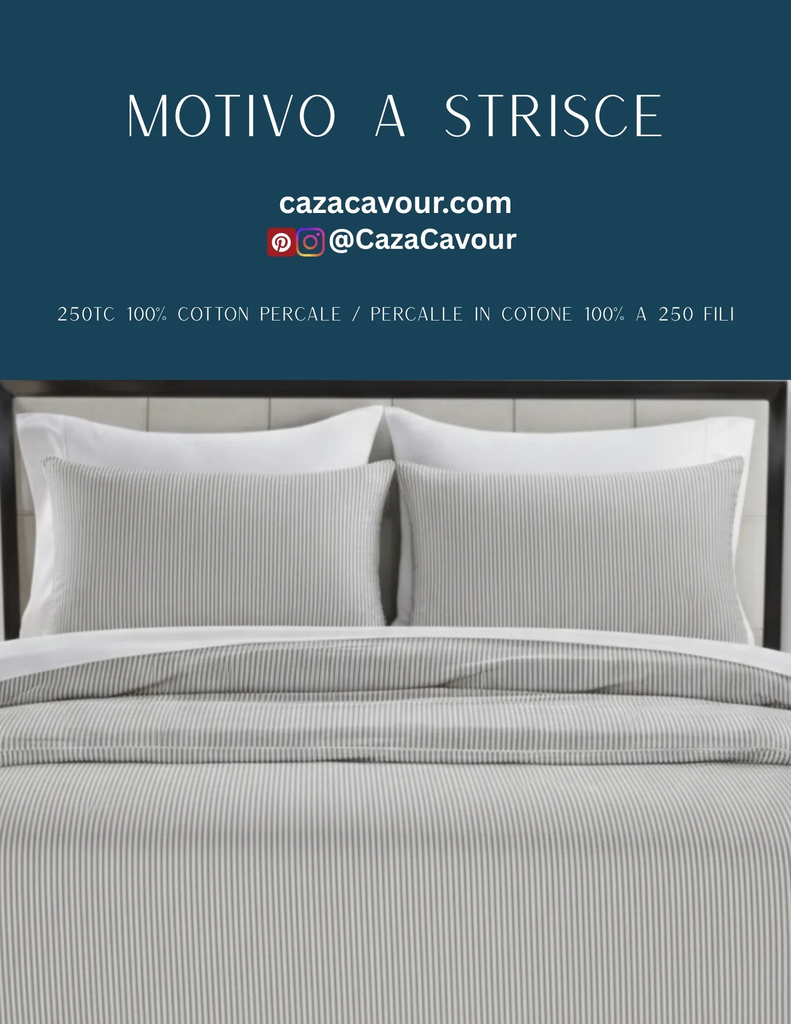 Striped cotton percale bedding set with two pillows and a comforter on a modern bed