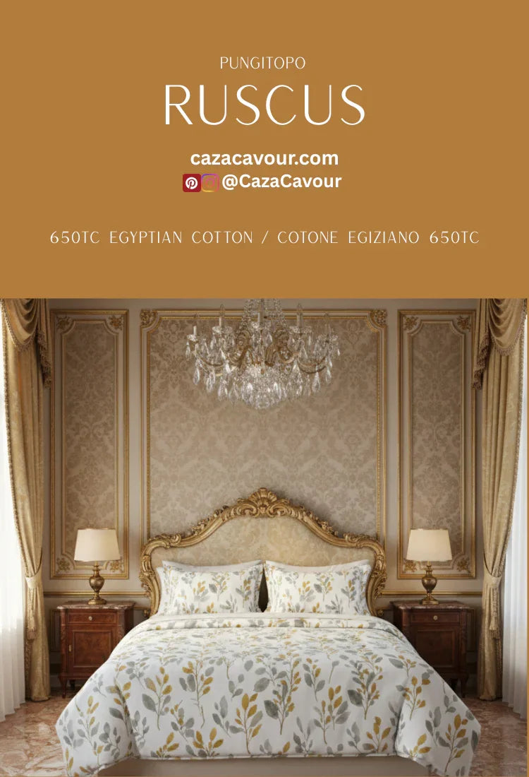 Luxurious bedroom with gold-trimmed headboard and floral Egyptian cotton bedding set