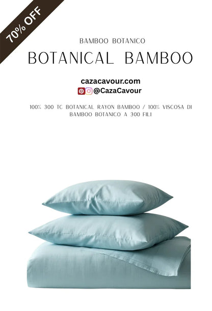 Light blue bamboo botanical bedding set with two pillows and duvet, 70% off sale banner