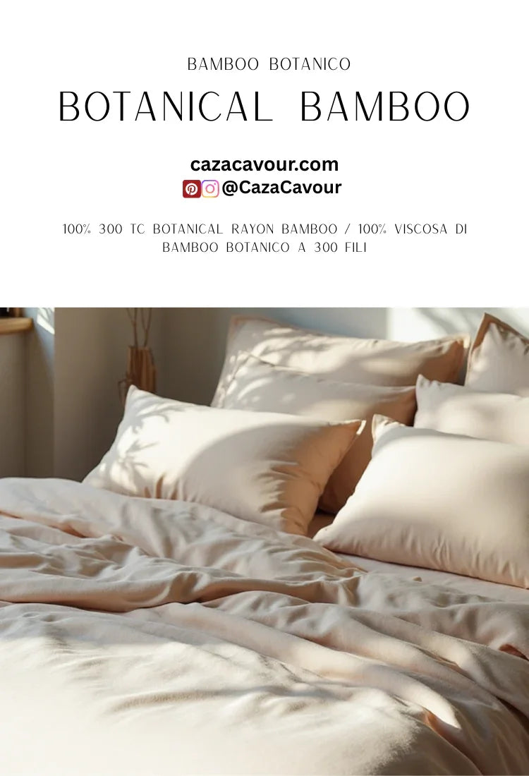 Cream bamboo botanical bedding set with plush pillows in sunlit bedroom