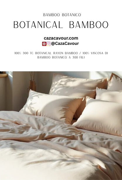 Cream bamboo botanical bedding set with plush pillows in sunlit bedroom
