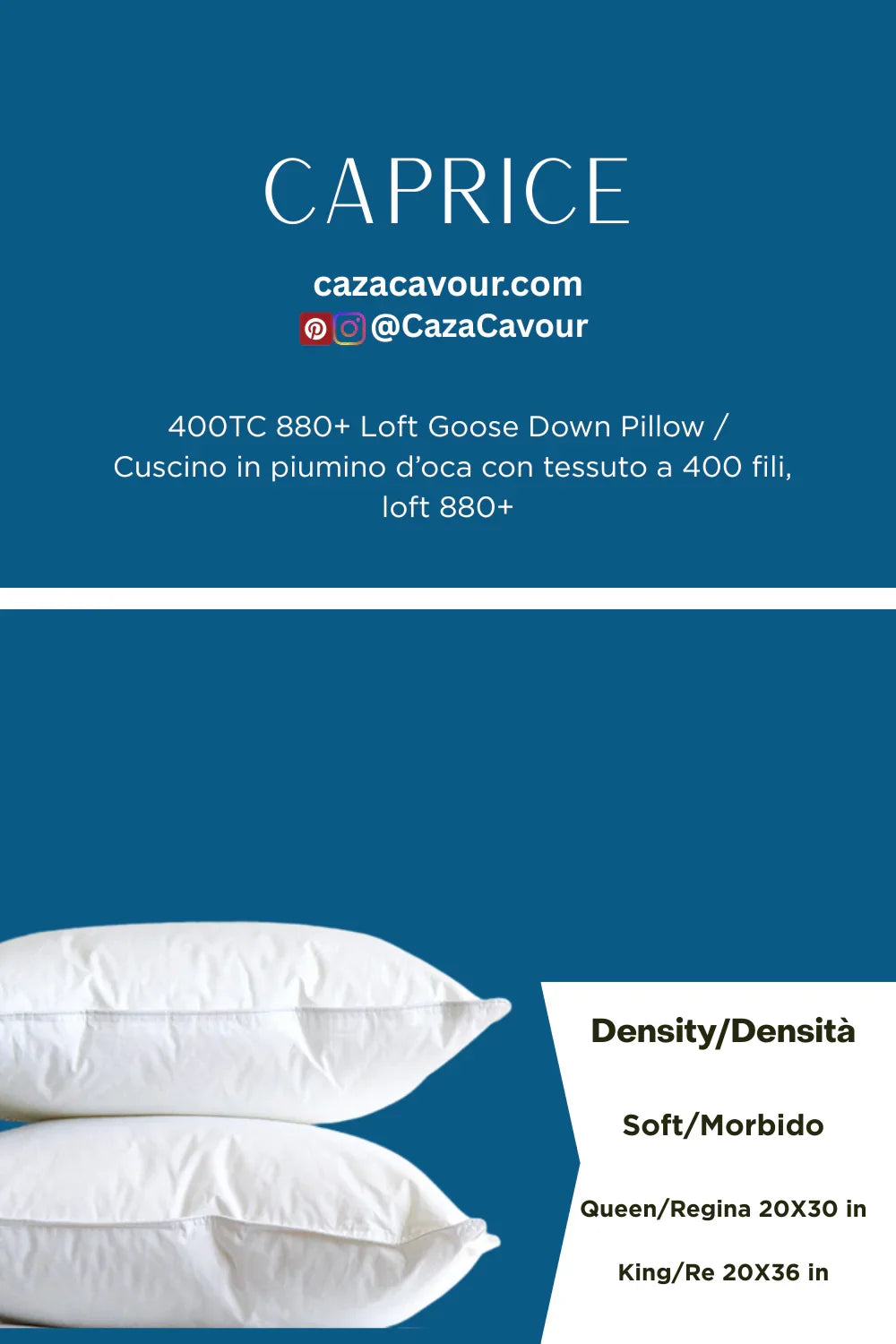Two white goose down pillows with soft density on a blue background, Queen and King sizes listed.