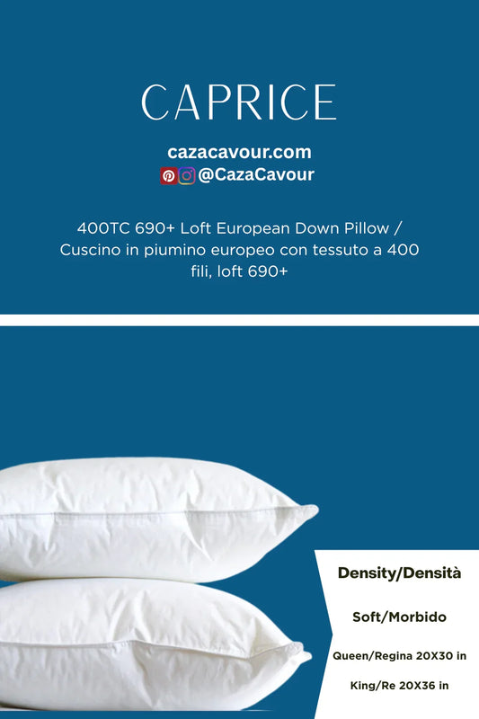 Two white European down pillows stacked on blue background, 400 thread count, soft density.