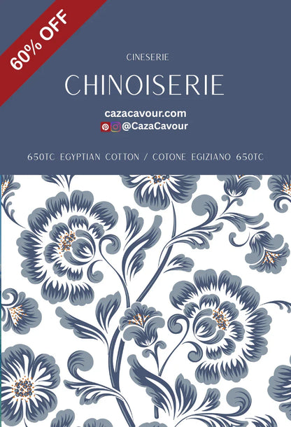 Chinoiserie bedding set in blue floral pattern, 650TC Egyptian cotton, 60% off sale banner