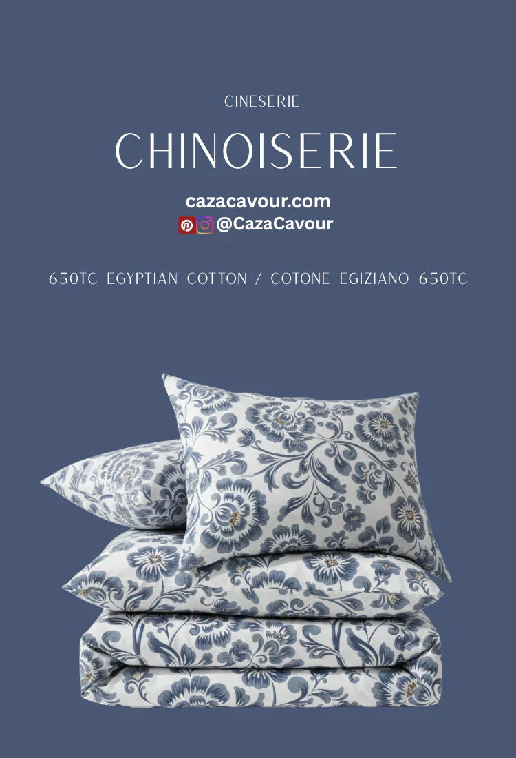 Chinoiserie bedding set with blue floral pattern, 650 thread count Egyptian cotton.