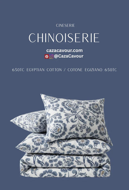 Chinoiserie bedding set with blue floral pattern, 650 thread count Egyptian cotton.