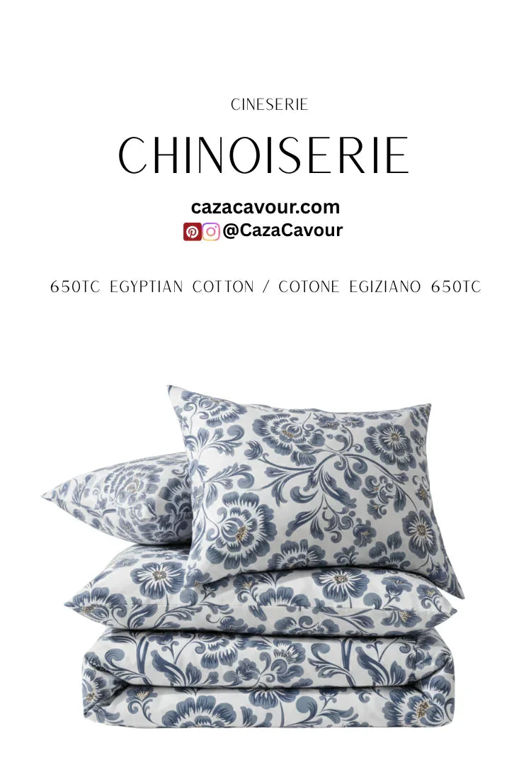 Stacked floral chinoiserie bedding set with blue and white pattern, 650TC Egyptian cotton.