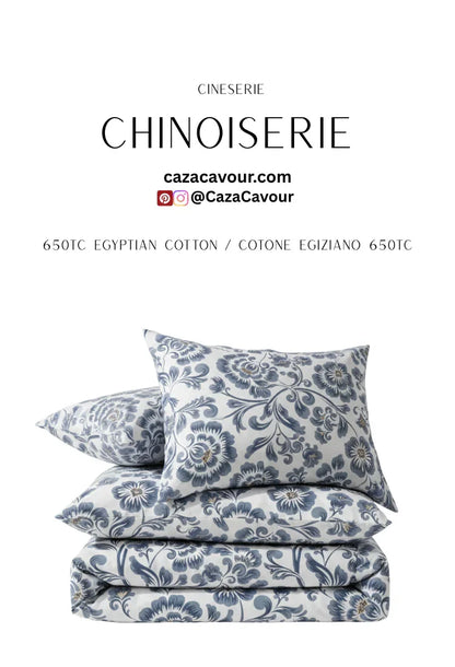 Stacked floral chinoiserie bedding set with blue and white pattern, 650TC Egyptian cotton.