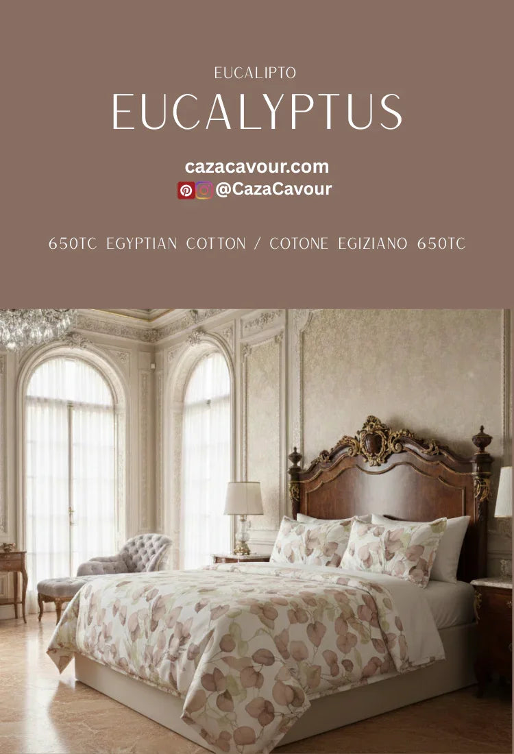 Elegant bedroom with ornate wooden headboard and eucalyptus print Egyptian cotton bedding set