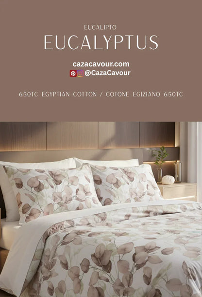 Eucalyptus print bedding set in soft tones, 650TC Egyptian cotton, on a modern bed