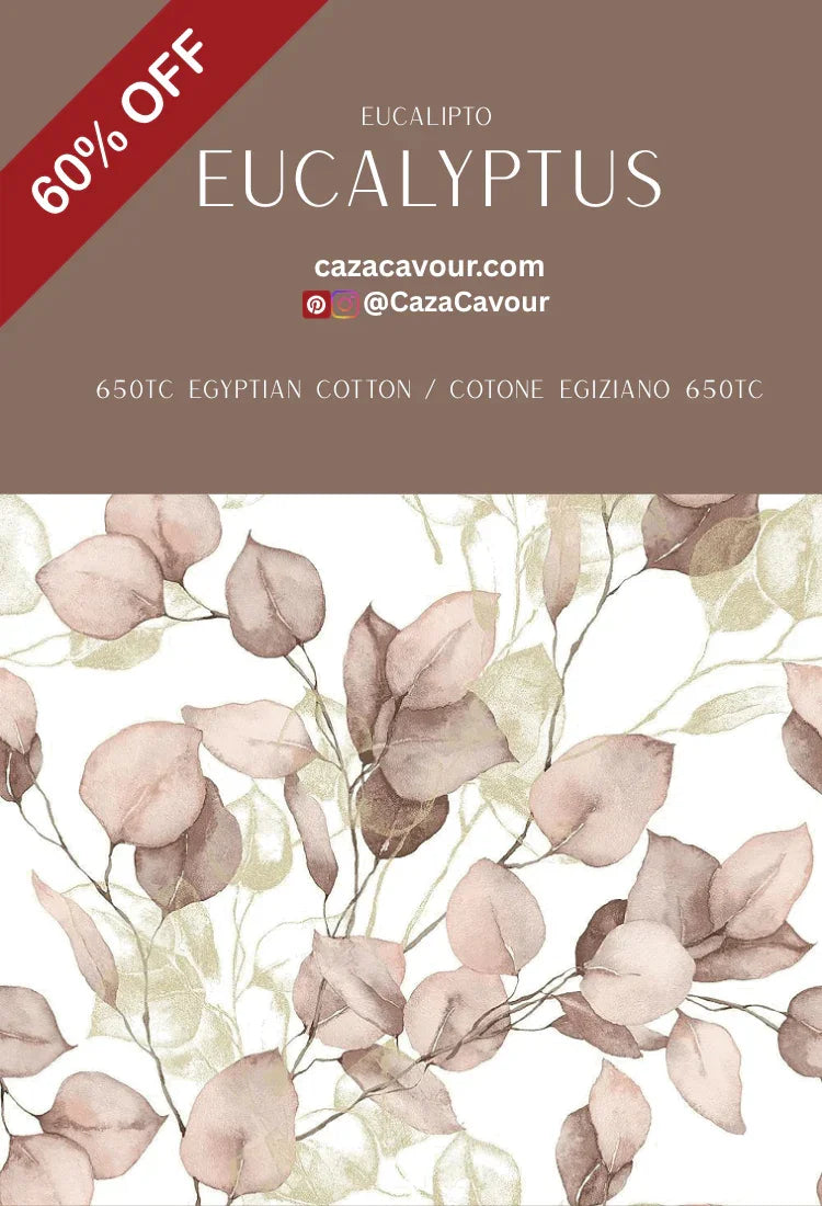 Eucalyptus leaf print bedding in soft taupe, 650 thread count Egyptian cotton, 60% off sale.