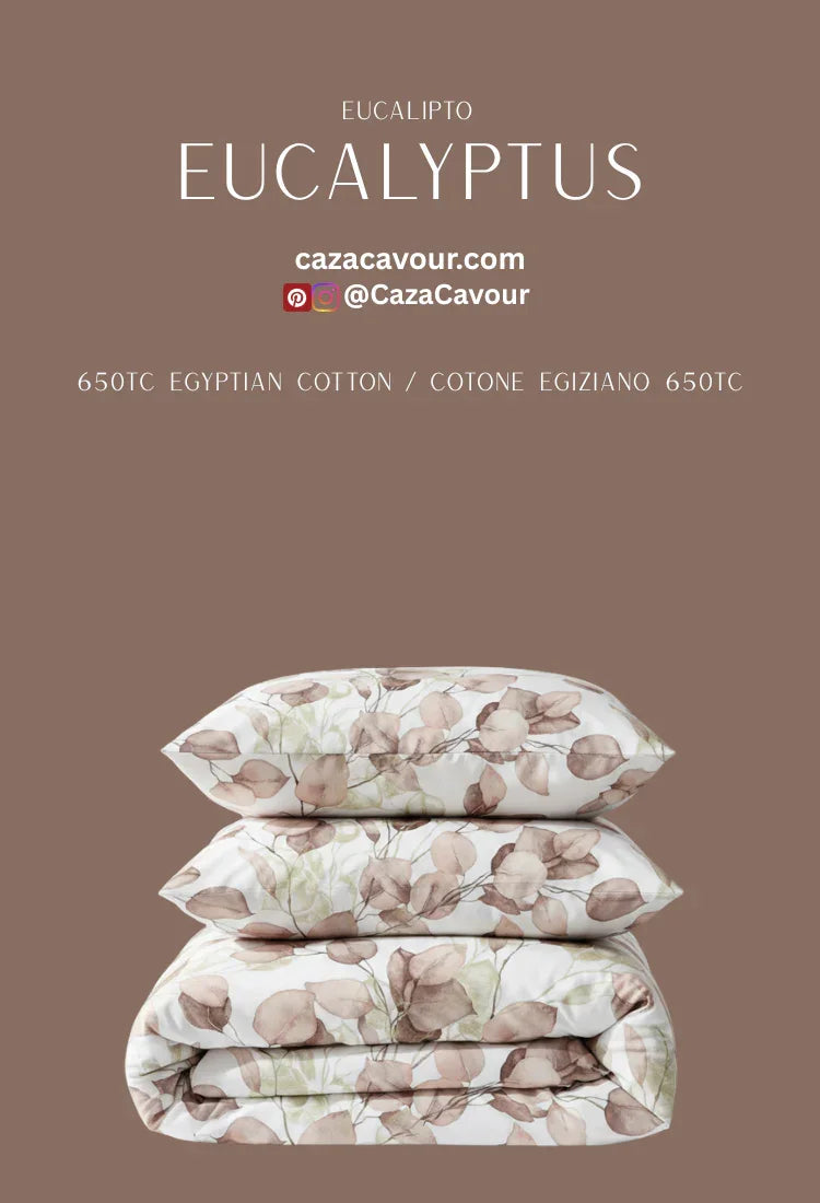 Eucalyptus print Egyptian cotton bedding set with 650 thread count, stacked neatly.