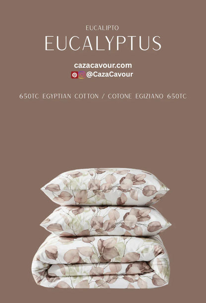 Eucalyptus print Egyptian cotton bedding set with 650 thread count, stacked neatly.
