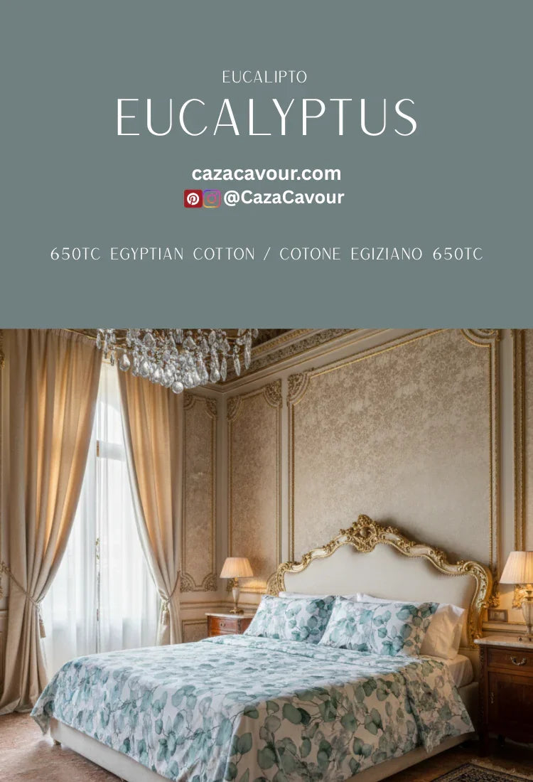 Elegant bedroom with eucalyptus print Egyptian cotton bedding, gold ornate headboard, and chandelier