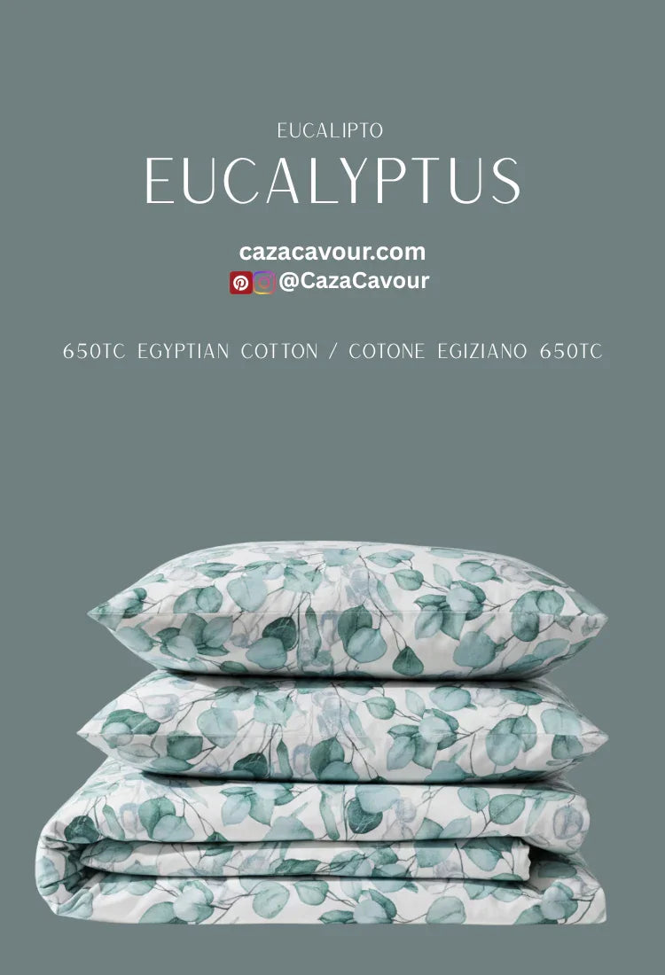Stacked eucalyptus print Egyptian cotton bedding set on gray background