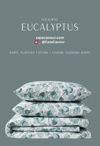 Stacked eucalyptus print Egyptian cotton bedding set on gray background
