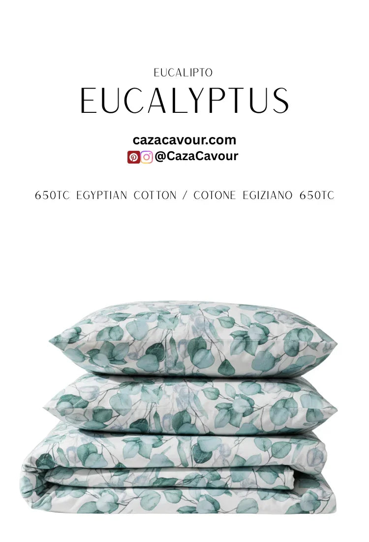Eucalyptus print Egyptian cotton bedding set with stacked pillows and sheets