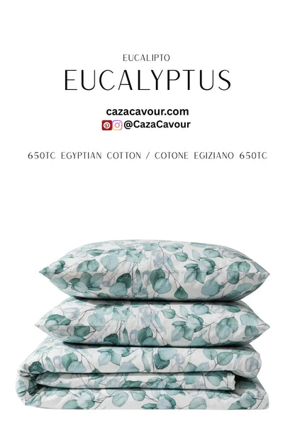 Eucalyptus print Egyptian cotton bedding set with stacked pillows and sheets