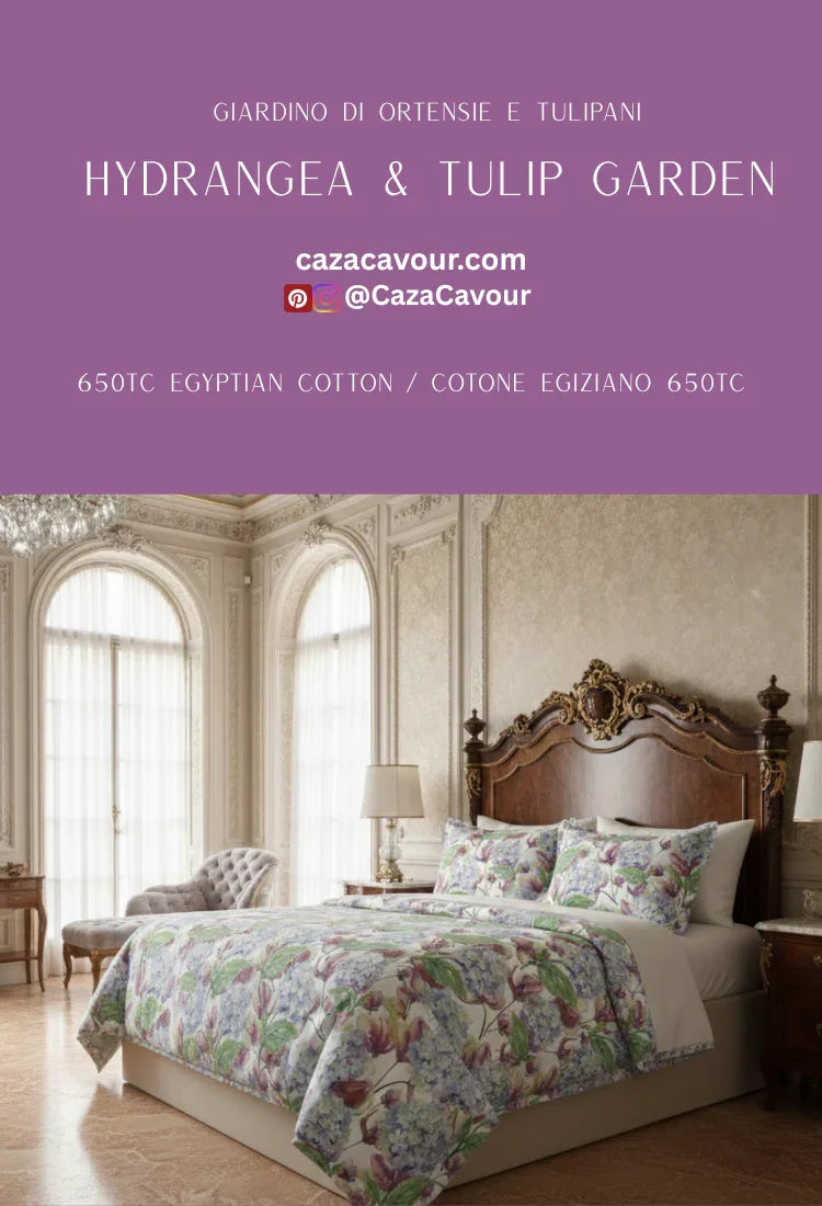 Luxury bedroom with hydrangea and tulip floral bedding, 650TC Egyptian cotton duvet set